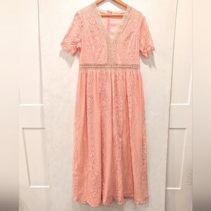 Women's Elegant Peach Pink Lace Maxi Dress Formal Wedding Feminine